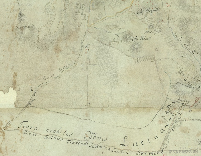 Obec Olejníkov, metačné vrchy Ostrý Veršek a mons Dubnik a vtok potoka Rathvai (dnešný Jakoviansky potok) do potoka Ľutinka