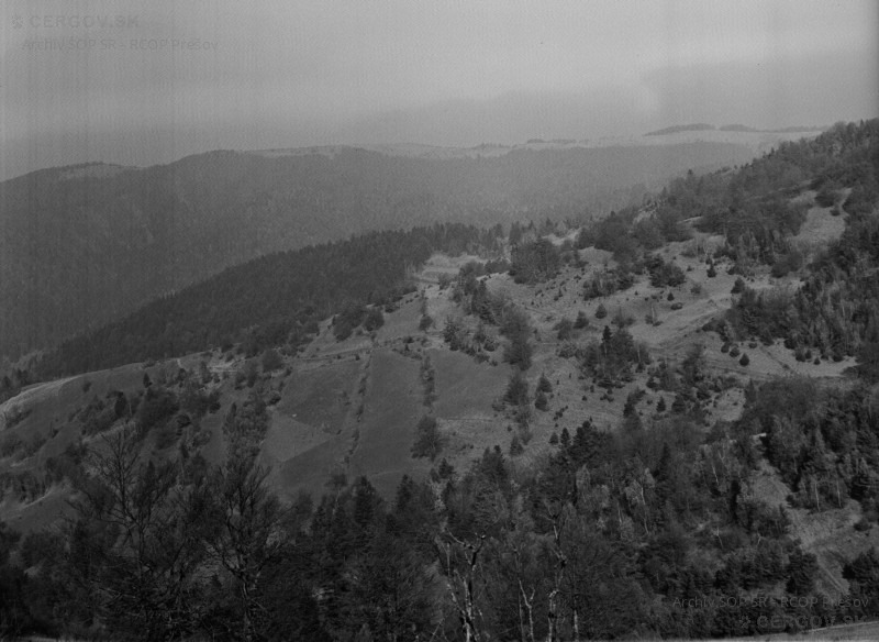 Pohľad od Oltárkameňa na lúky a cestu vedúcu do osady Baranie - dnes modrá turistická trasa.