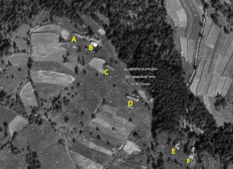 Usadlosti: A- Andrej Timura, B - Štefana Timura dolný, C - Ján Timura, D - Štefana Timura - horný, E - Juraj Blaščák, F - Štefan Blaščák 