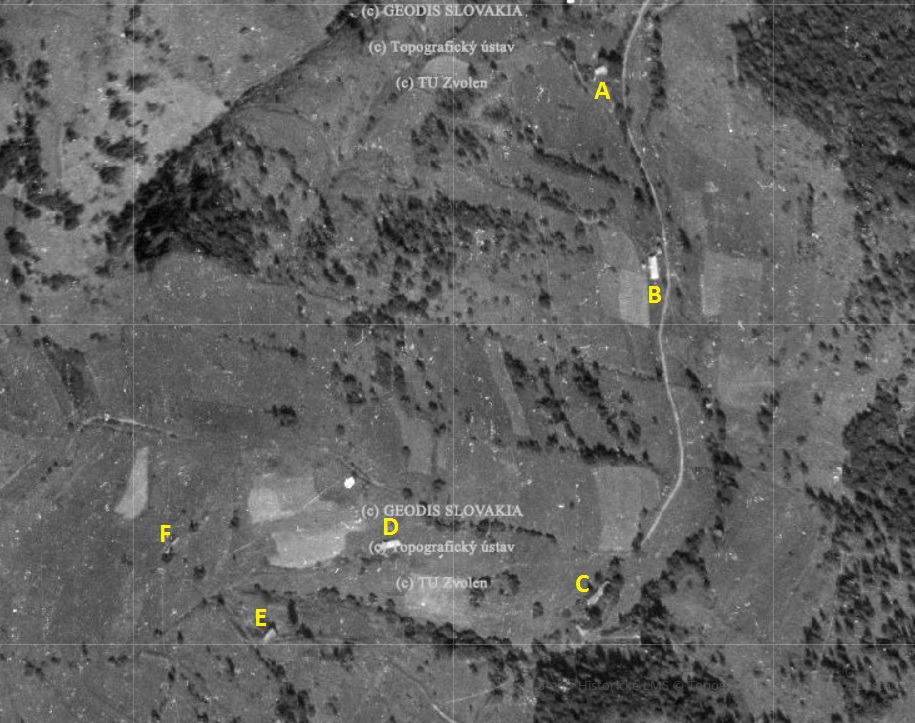 Vyšná časť osady Ambrušovce. A - Ján Šveda, B - Andrej Šveda, C - Pjatek, D - Ján Timura, E - Michal Timura, F - Michal Starinský