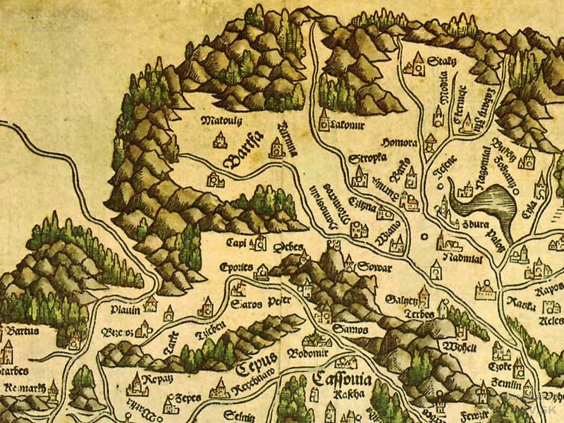 Lazar Roseti: Tabula Hungariae. Na mape zobrazené pohorie Čergov a okolité mestečká Bardejov, Prešov, Šariš, Sabinov.