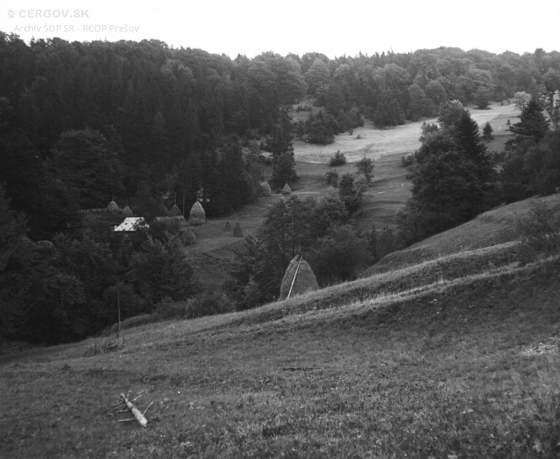 Horská osada Baranie. Usadlosť Juraja Blaščáka. Nad ňou za stromami usadlosť Štefana Blaščáka.