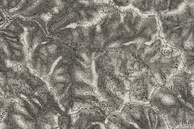 Oblasť horských obcí Ambrušovce a Baranie na mape Sabinova z kolekcie máp Rakúsko-Uhorska vydanej v roku 1910.