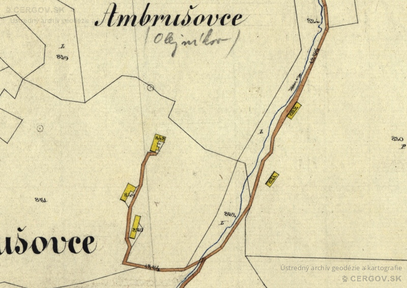 Katastrálna mapa Olejníkov. Sign. Ša 222, č. mapy 21. Usadlosti Michal Starinského st. (822), Michal Starinského ml. (821), Andreja Starinského (850), Jána Starinského (849) a Mateja Vargu (848)